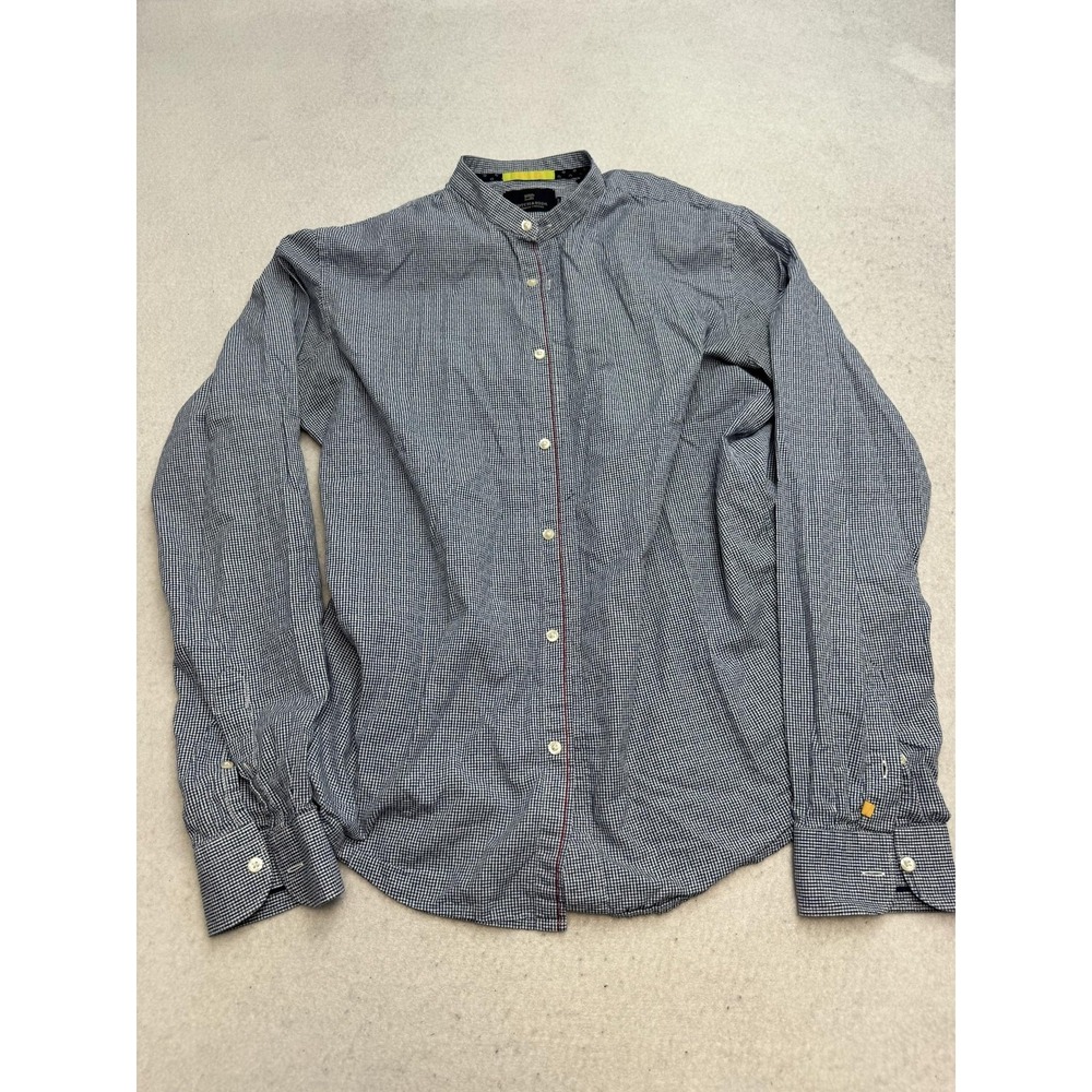 Scotch & Soda Shirt Mens Large Blue Check Band Collar Long Sleeve Cotton Casual